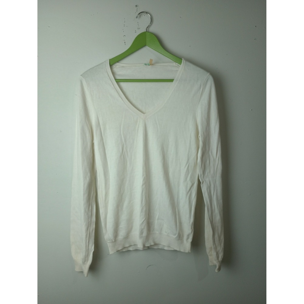 Jack Rogers Womens V-Neck Sweater Cream Cotton Cashmere Blend Long Sleeve Size M